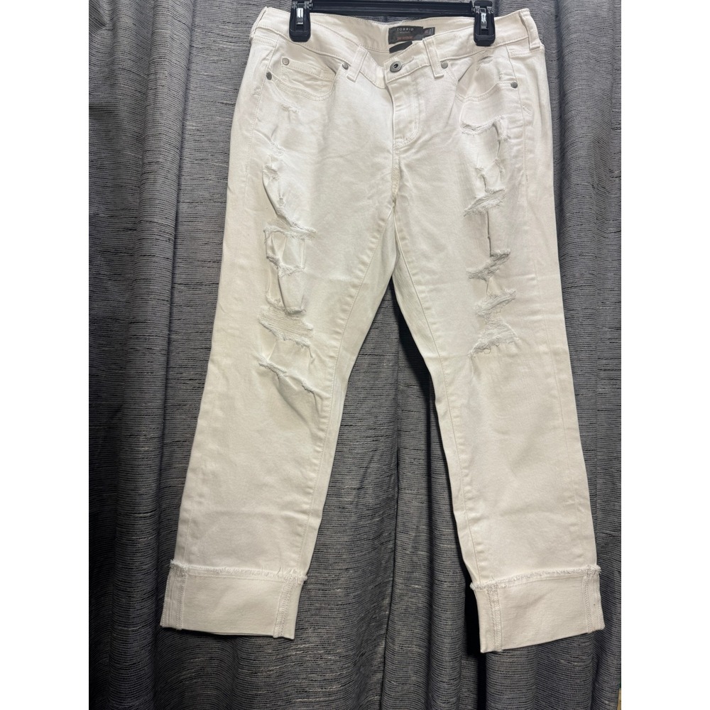 Torrid White Denim Crop Jeans Distressed‎ Cuffed Hem Plus Size 10